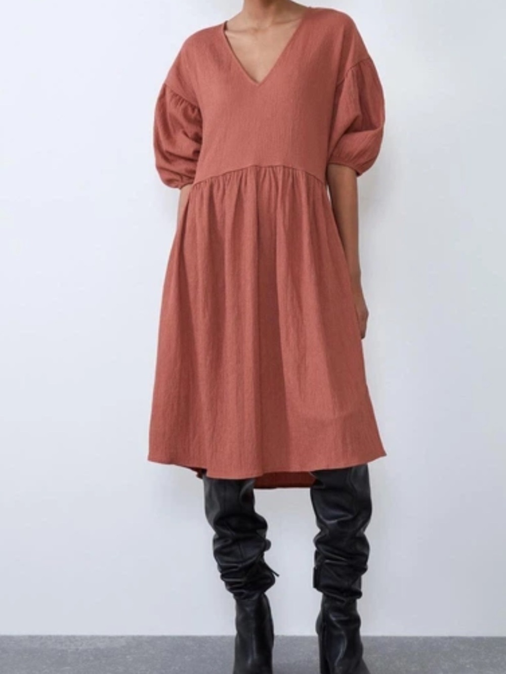Zara Coral Textured Puff-Sleeve Dress